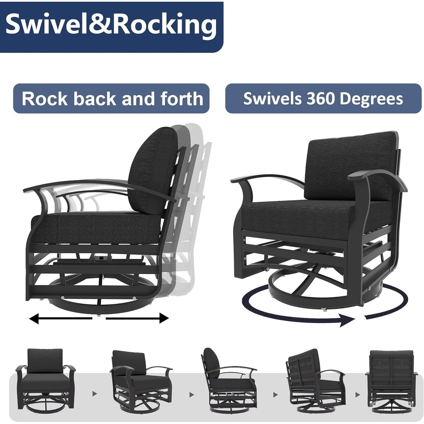 Kullavik Set di 3 sedie a dondolo in alluminio con tavolo girevole e 5 cuscini spessi