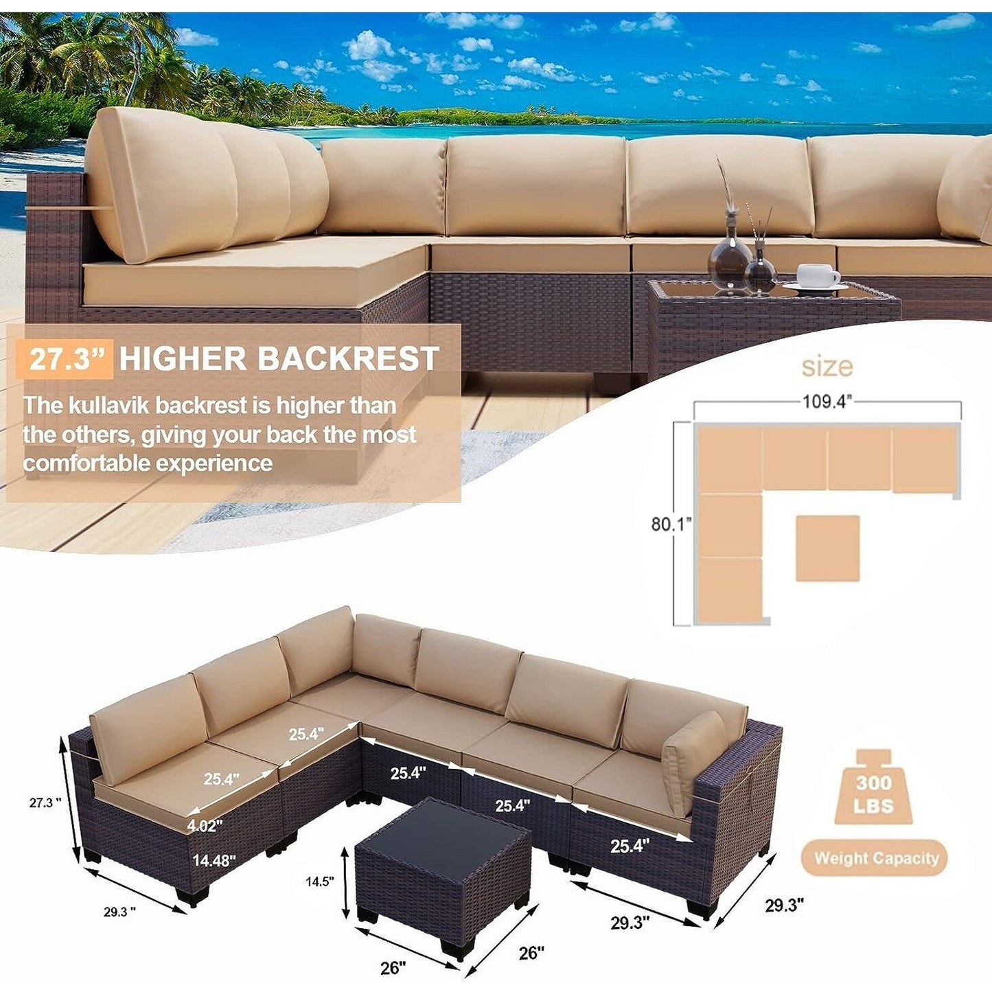 Set di divani componibili da esterno Kullavik da 7 pezzi, set da conversazione in vimini marrone per patio, con cuscini di seduta e tavolo in vetro temperato