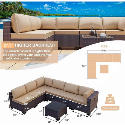 Set di divani componibili da esterno Kullavik da 7 pezzi, set da conversazione in vimini marrone per patio, con cuscini di seduta e tavolo in vetro temperato