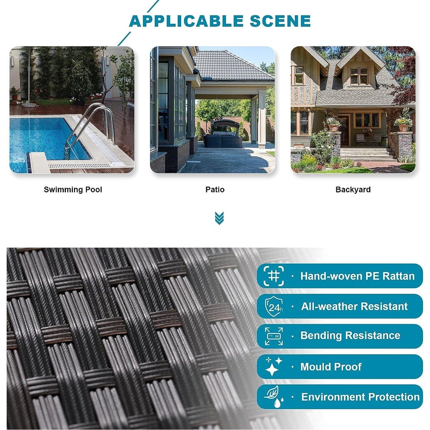 Set di divani componibili da esterno Kullavik da 7 pezzi, set da conversazione in vimini marrone per patio, con cuscini di seduta e tavolo in vetro temperato