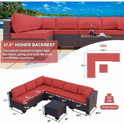 Set di divani componibili da esterno Kullavik da 7 pezzi, set da conversazione in vimini marrone per patio, con cuscini di seduta e tavolo in vetro temperato