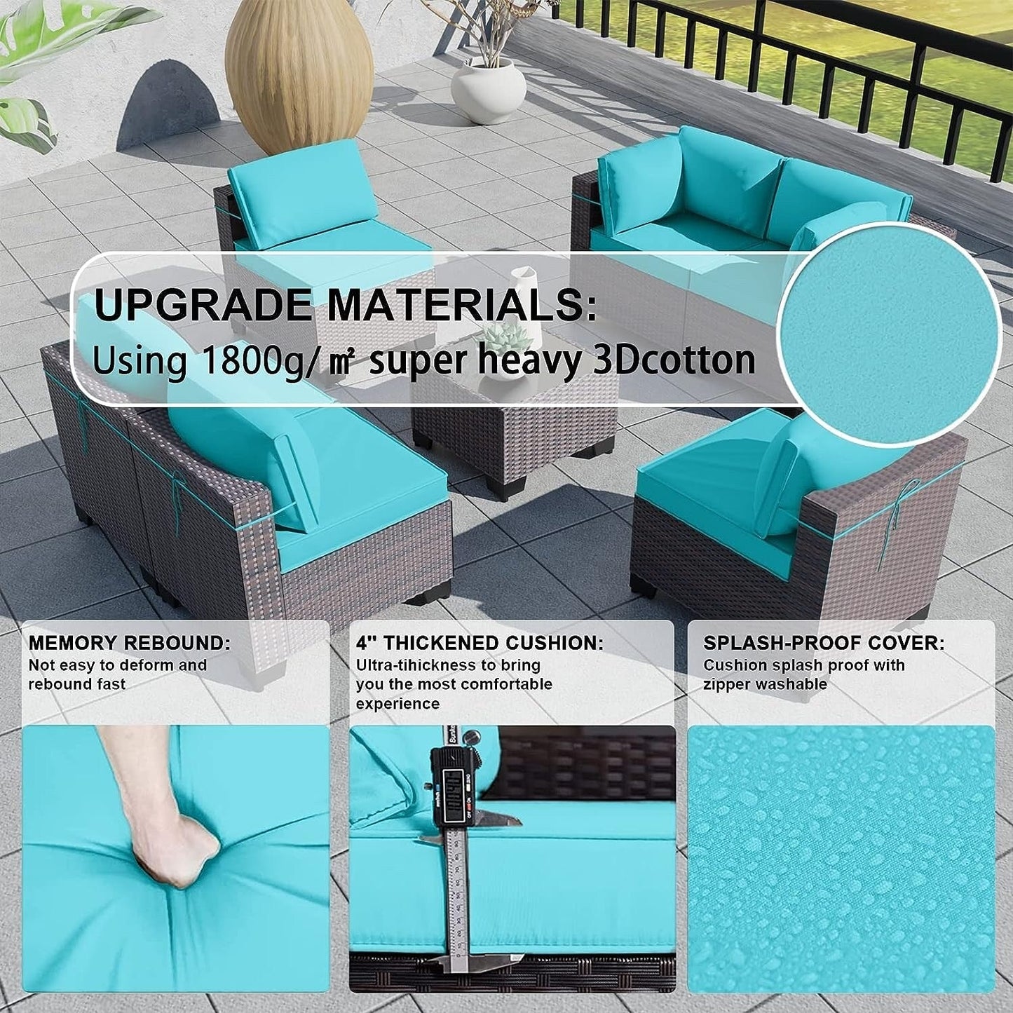 Set di divani componibili da esterno Kullavik da 7 pezzi, set da conversazione in vimini marrone per patio, con cuscini di seduta e tavolo in vetro temperato