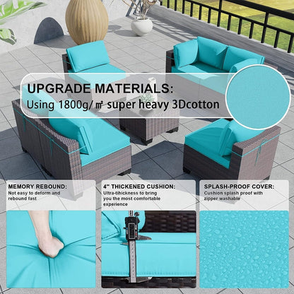 Set di divani componibili da esterno Kullavik da 7 pezzi, set da conversazione in vimini marrone per patio, con cuscini di seduta e tavolo in vetro temperato