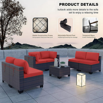 Set di divani componibili da esterno Kullavik da 7 pezzi, set da conversazione in vimini marrone per patio, con cuscini di seduta e tavolo in vetro temperato