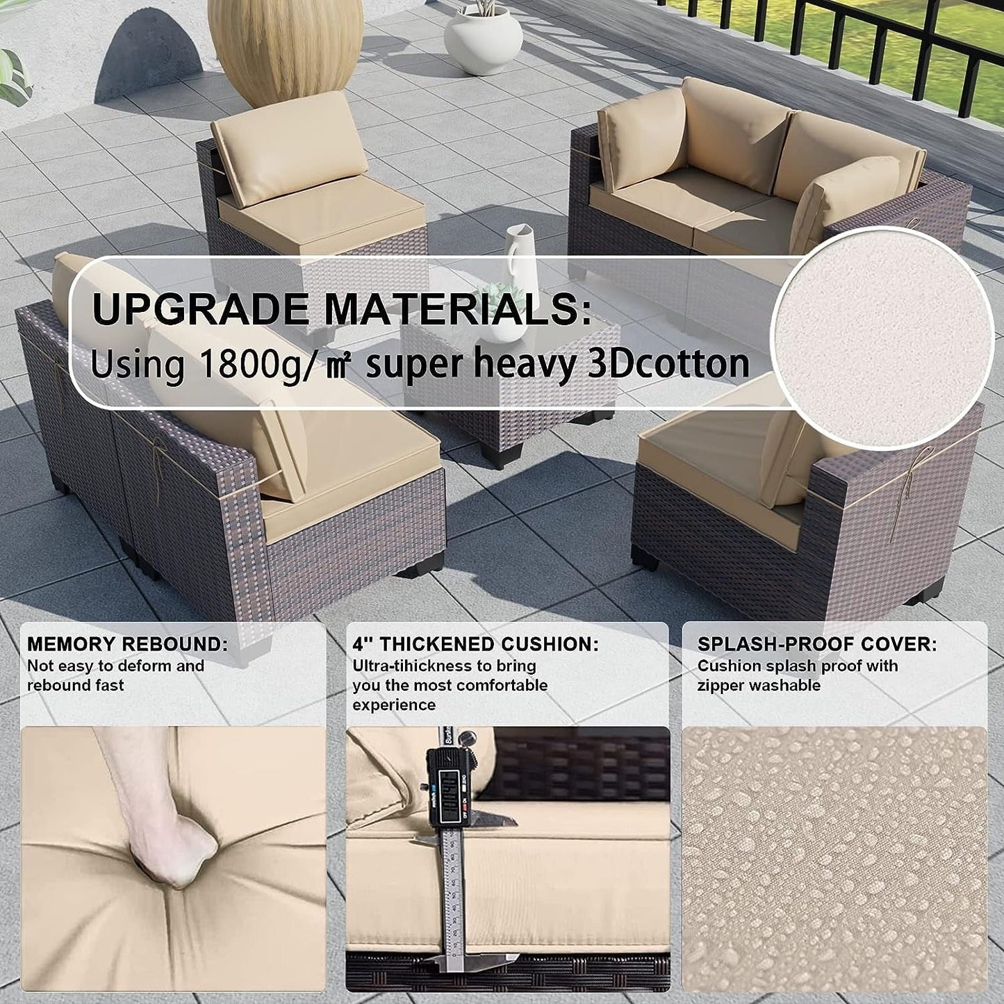 Set di divani componibili da esterno Kullavik da 7 pezzi, set da conversazione in vimini marrone per patio, con cuscini di seduta e tavolo in vetro temperato