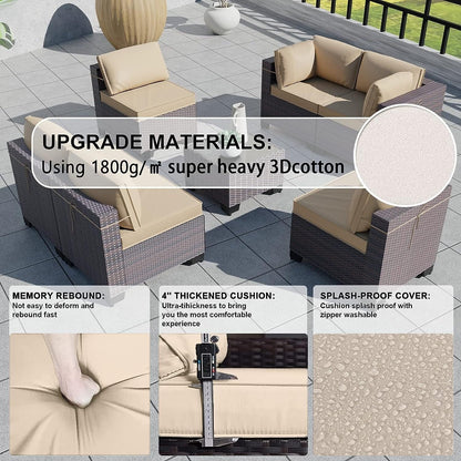 Set di divani componibili da esterno Kullavik da 7 pezzi, set da conversazione in vimini marrone per patio, con cuscini di seduta e tavolo in vetro temperato