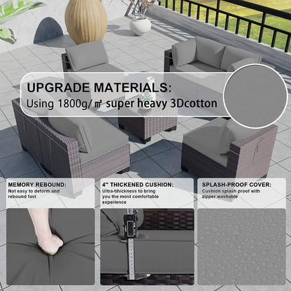 Set di divani componibili da esterno Kullavik da 7 pezzi, set da conversazione in vimini marrone per patio, con cuscini di seduta e tavolo in vetro temperato