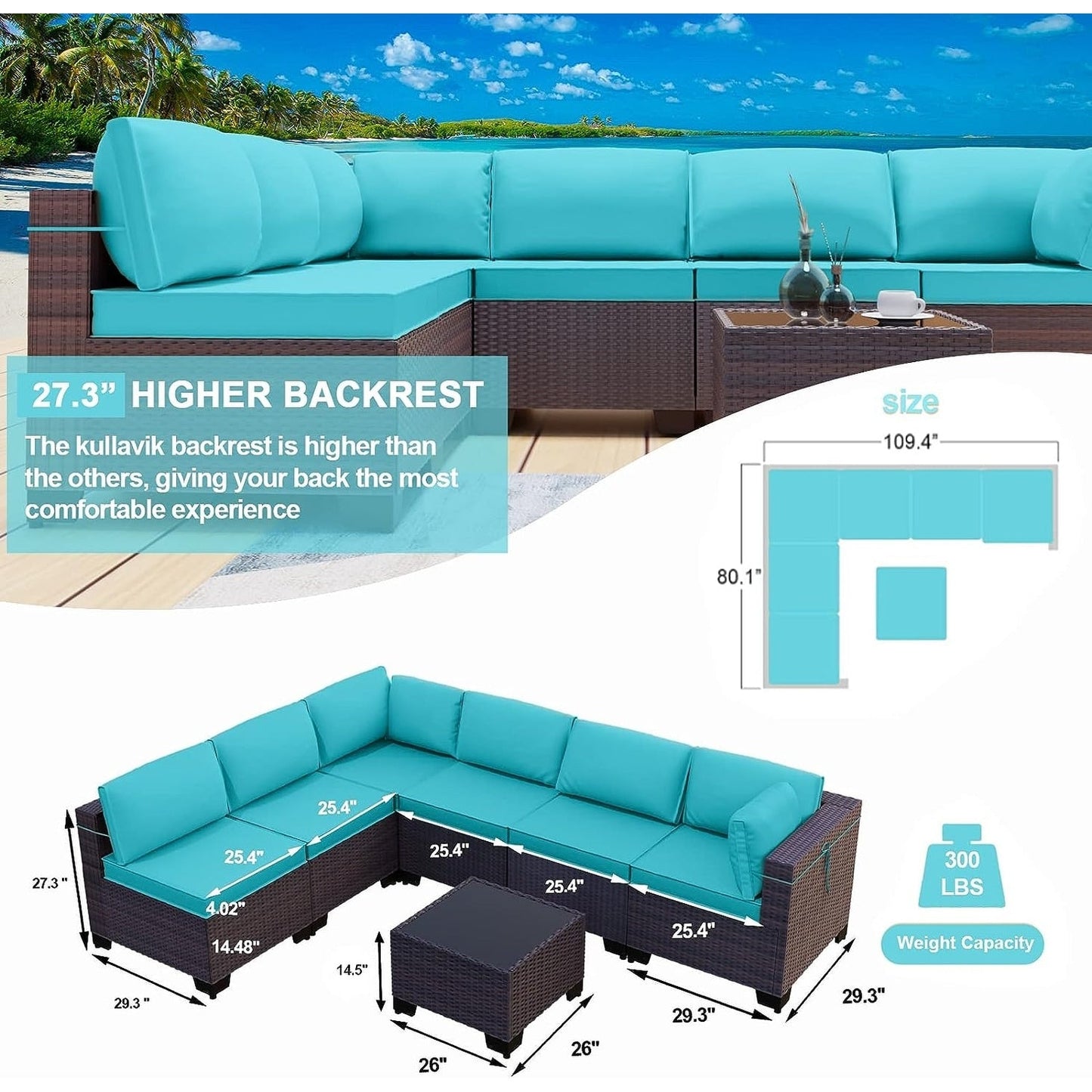 Set di divani componibili da esterno Kullavik da 7 pezzi, set da conversazione in vimini marrone per patio, con cuscini di seduta e tavolo in vetro temperato