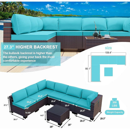 Set di divani componibili da esterno Kullavik da 7 pezzi, set da conversazione in vimini marrone per patio, con cuscini di seduta e tavolo in vetro temperato