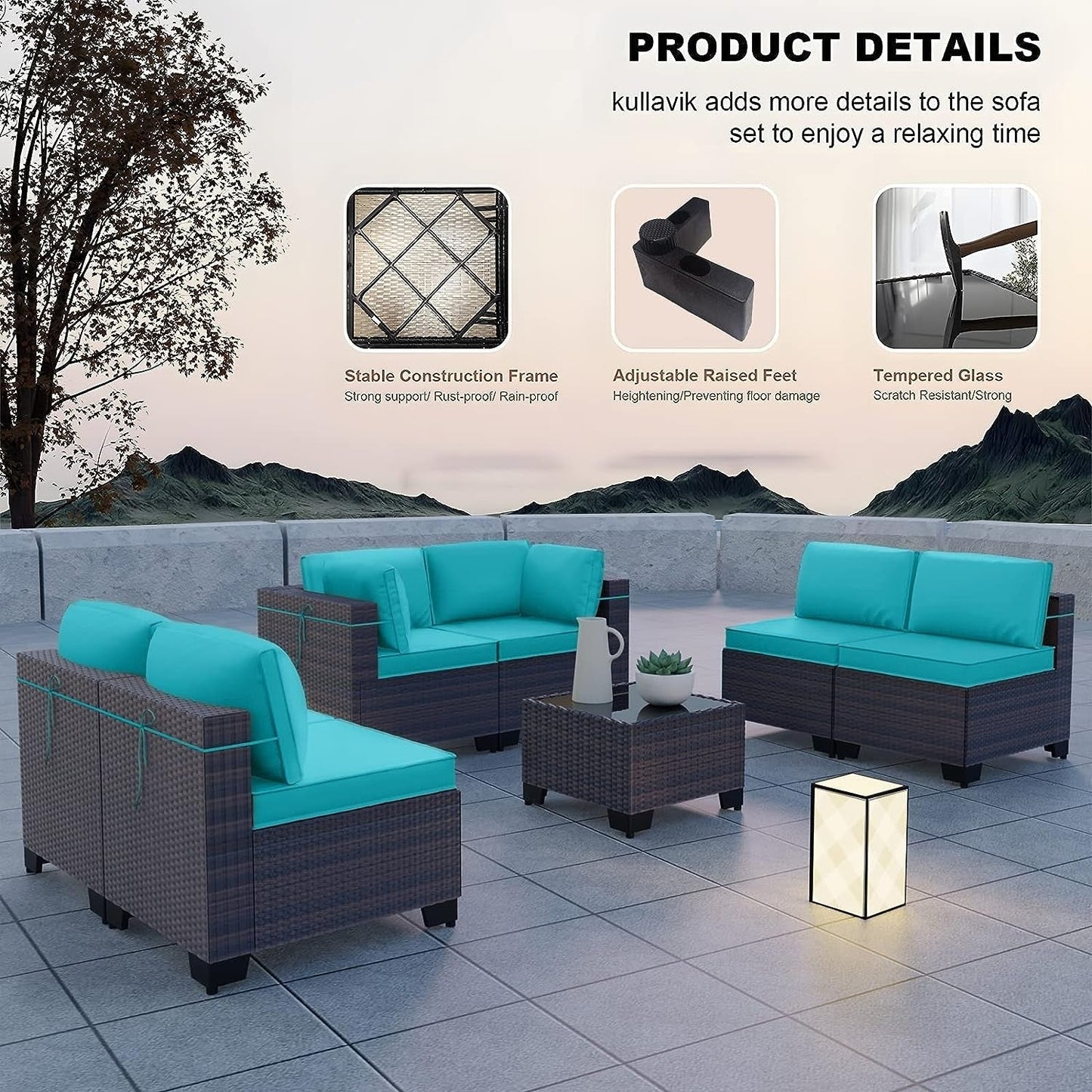 Set di divani componibili da esterno Kullavik da 7 pezzi, set da conversazione in vimini marrone per patio, con cuscini di seduta e tavolo in vetro temperato