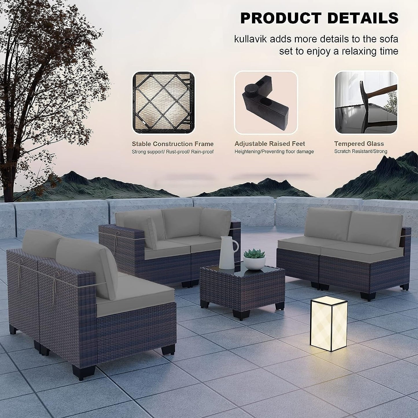 Set di divani componibili da esterno Kullavik da 7 pezzi, set da conversazione in vimini marrone per patio, con cuscini di seduta e tavolo in vetro temperato