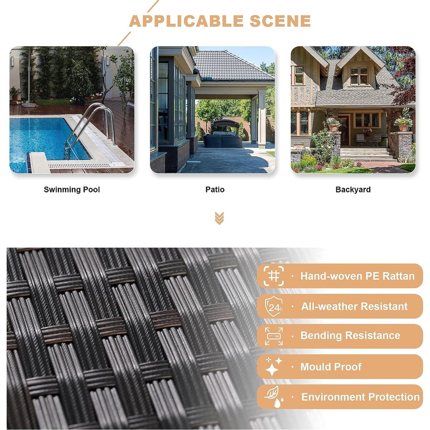 Set di divani componibili da esterno Kullavik da 7 pezzi, set da conversazione in vimini marrone per patio, con cuscini di seduta e tavolo in vetro temperato