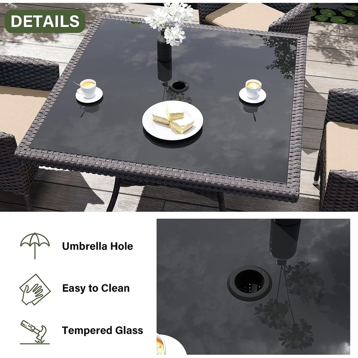 Set da pranzo per esterni Kullavik, tavolo da pranzo e sedie per mobili da giardino in rattan