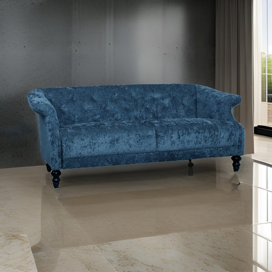 Divano Kyle, 75 pollici, gambe in legno tornito classico, capitonné azzurro