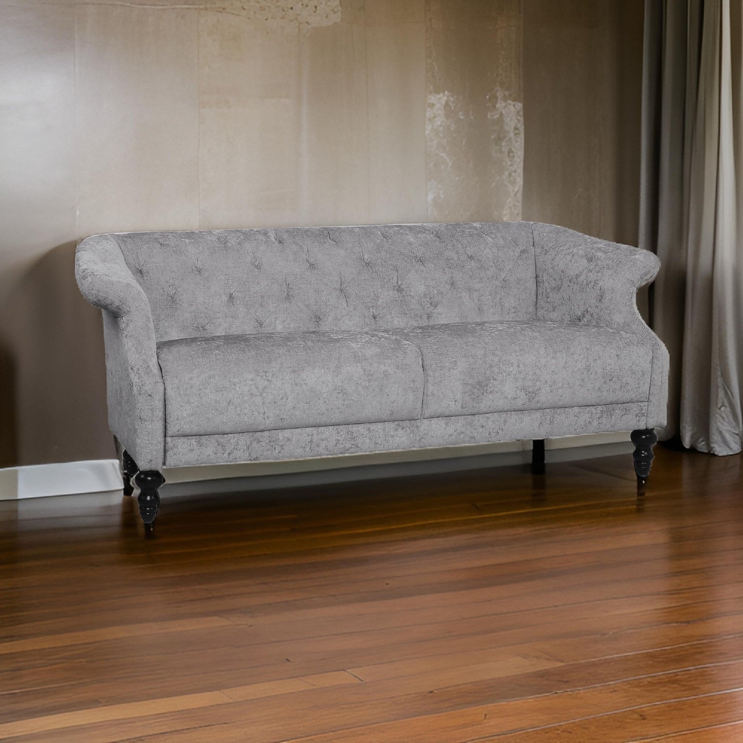 Divano Kyle, 75 pollici, gambe in legno tornito classico, capitonné grigio chiaro