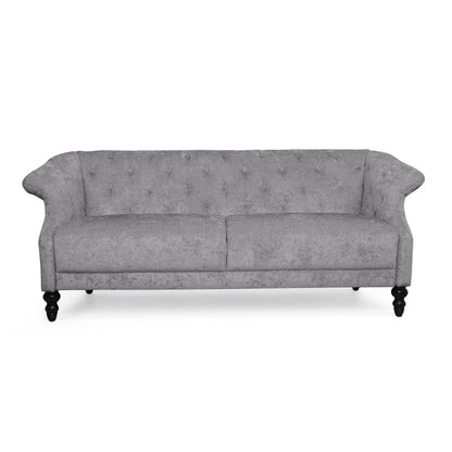 Divano Kyle, 75 pollici, gambe in legno tornito classico, capitonné grigio chiaro