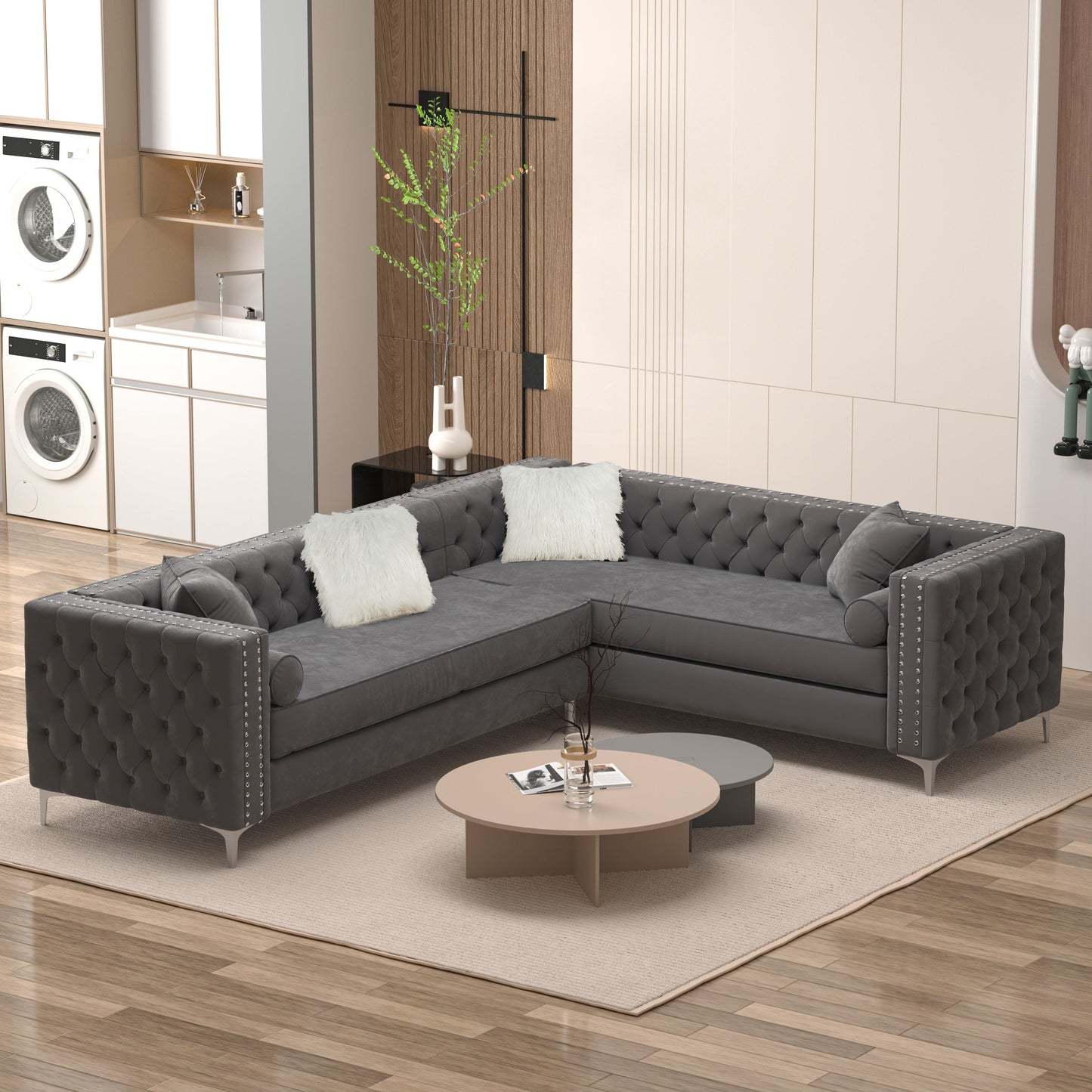 Divano componibile in velluto trapuntato per soggiorno