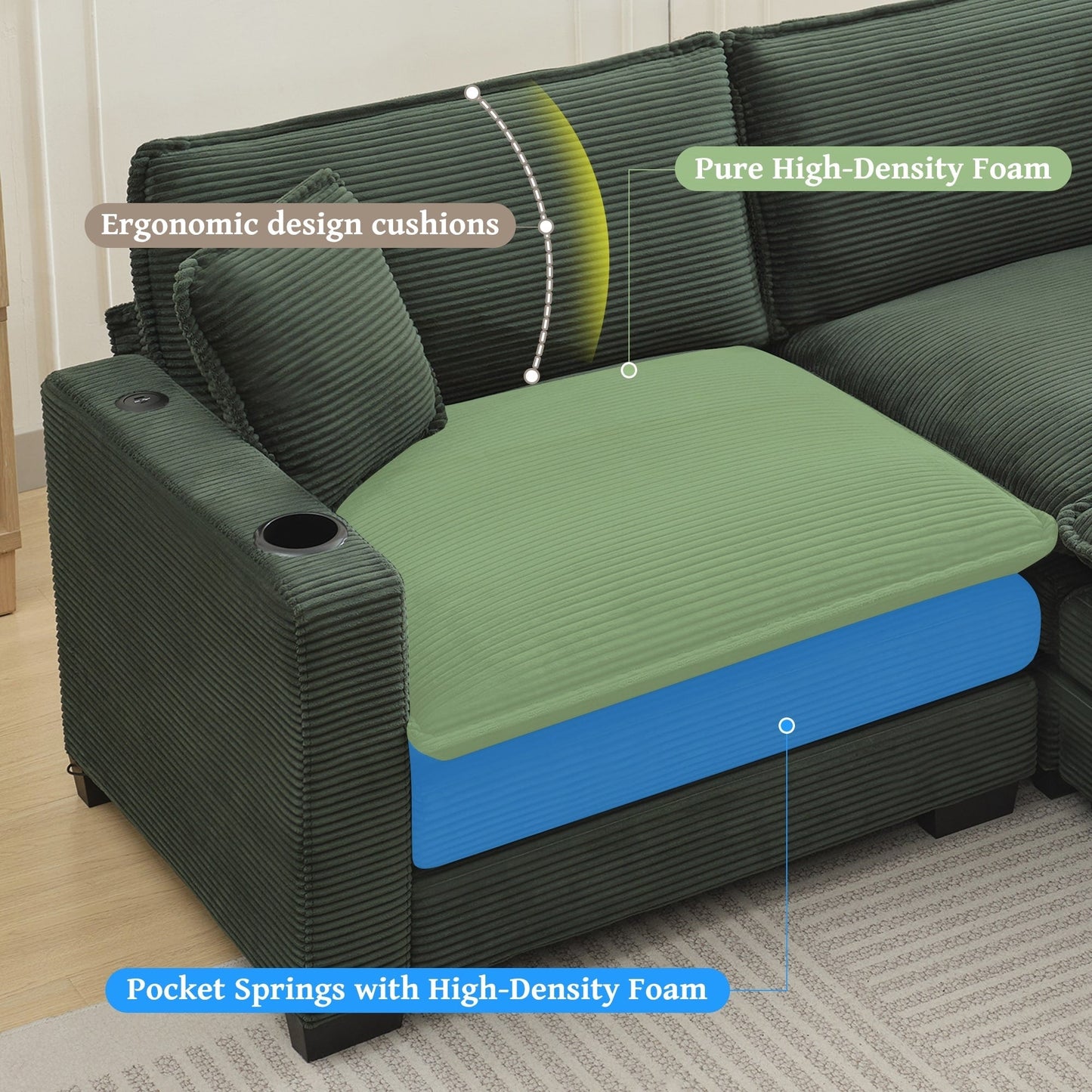 Divano a forma di L con porta USB e portabicchieri