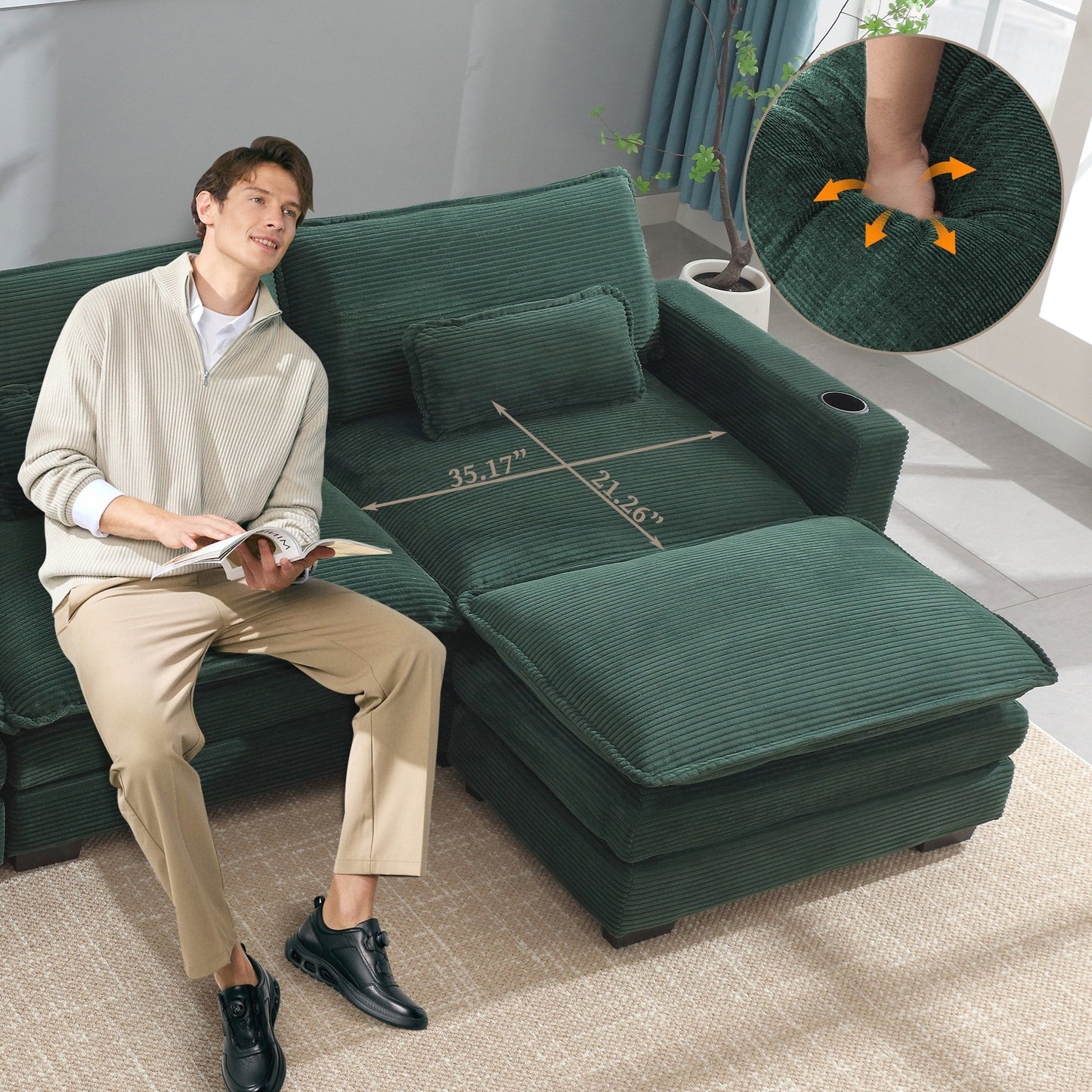 Divano a forma di L con porta USB e portabicchieri