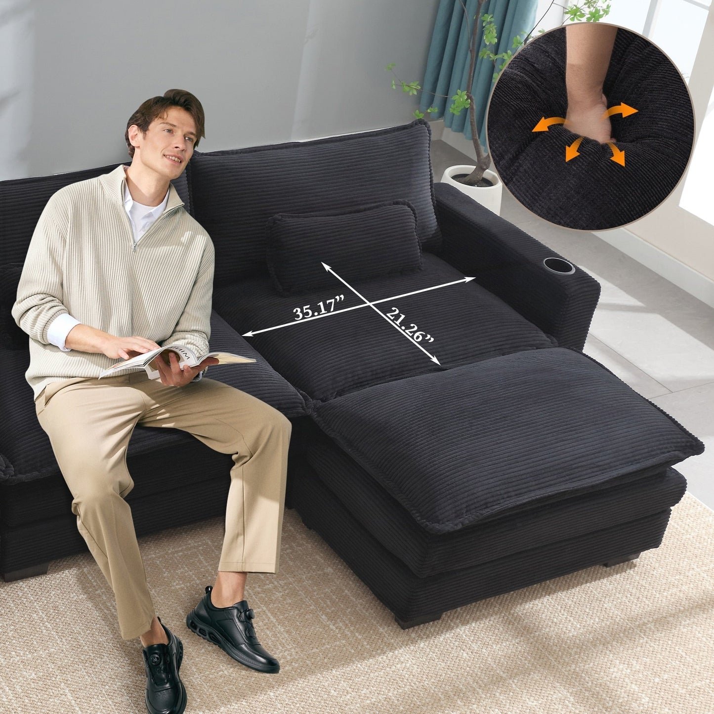 Divano a forma di L con porta USB e portabicchieri