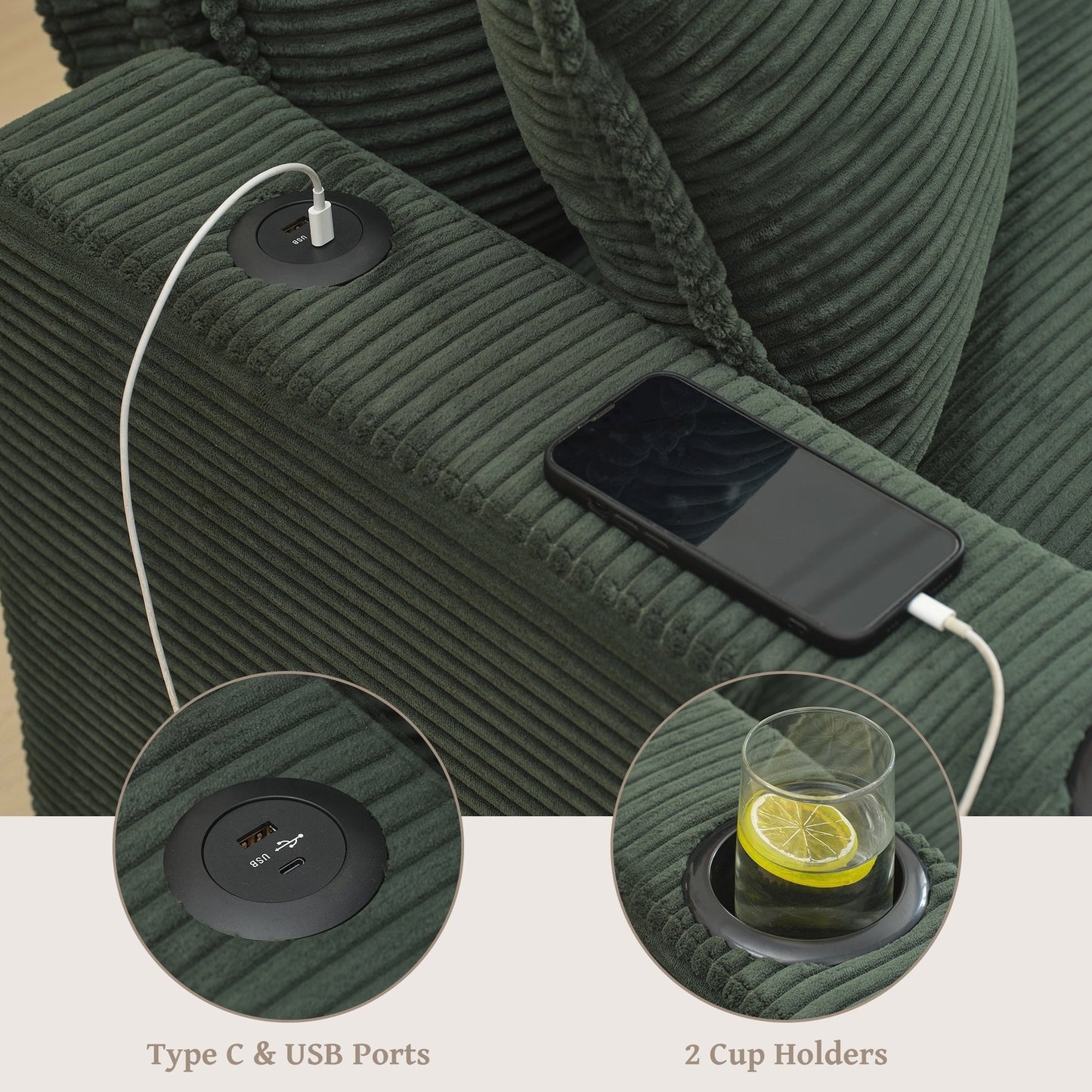 Divano a forma di L con porta USB e portabicchieri