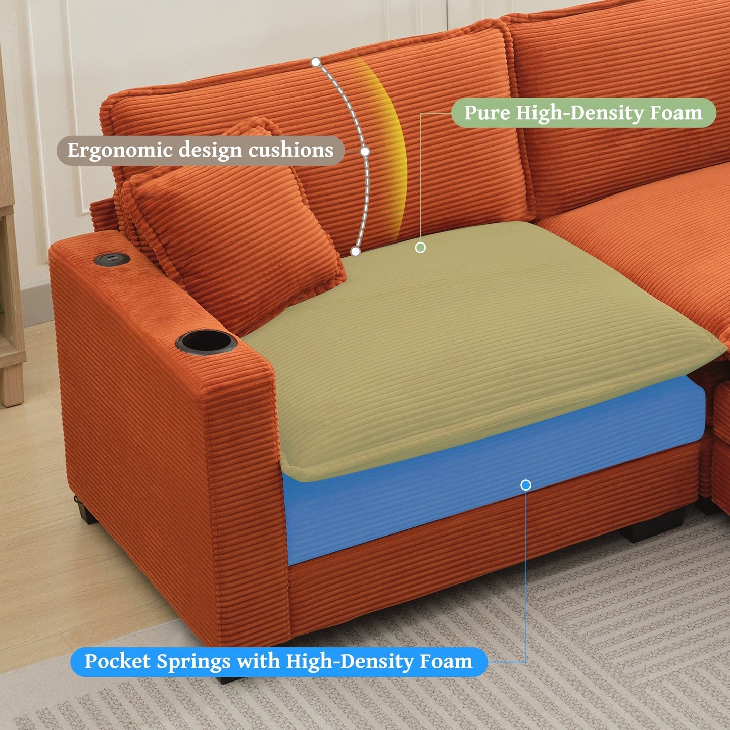 Divano a forma di L con porta USB e portabicchieri