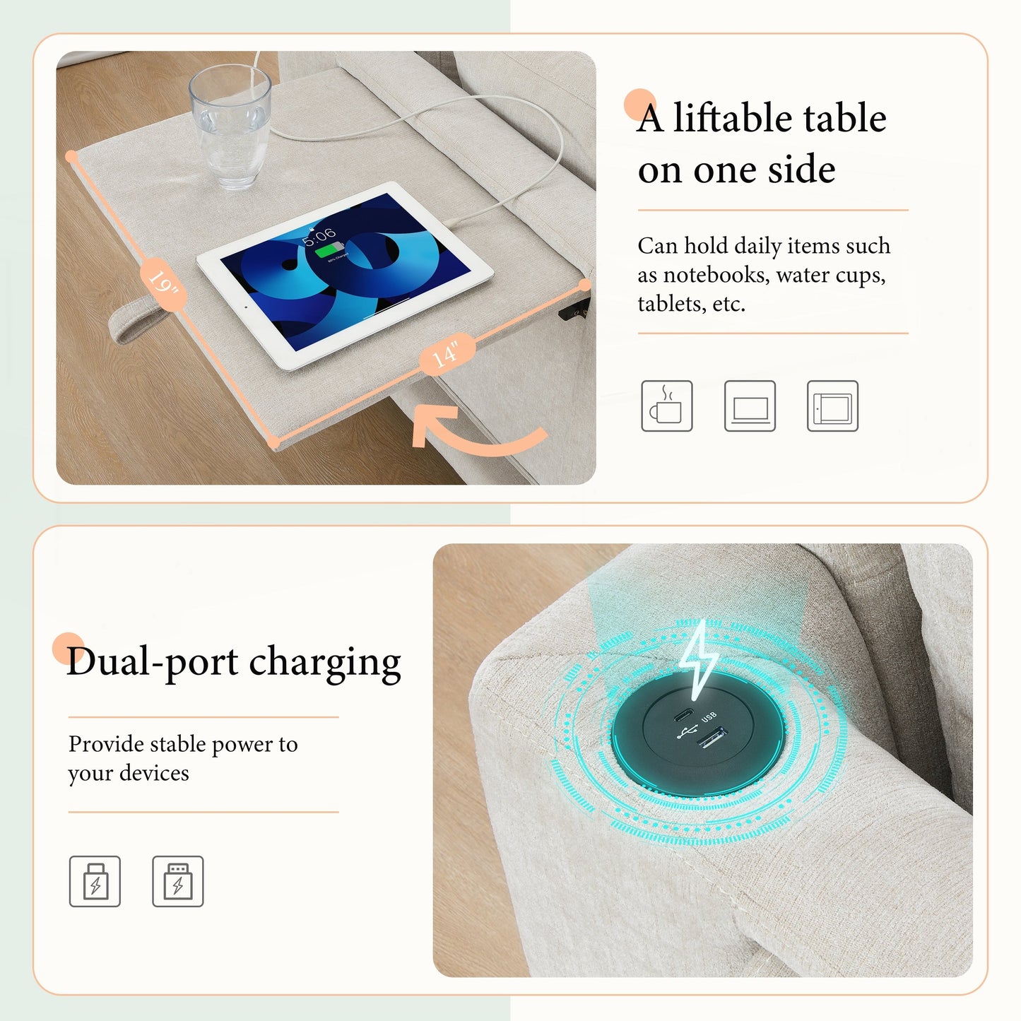 Forma a L con tavolo pieghevole e ricarica a doppia porta