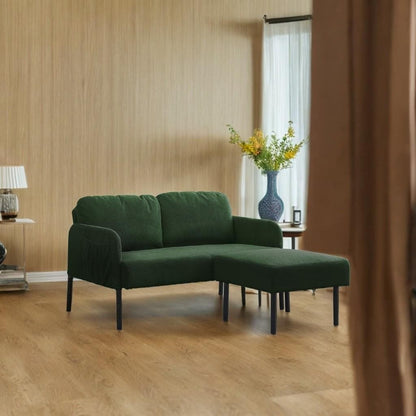 Divano a 2 posti a L con pouf, divano moderno in tessuto di poliestere, comodi divani piccoli per piccoli spazi