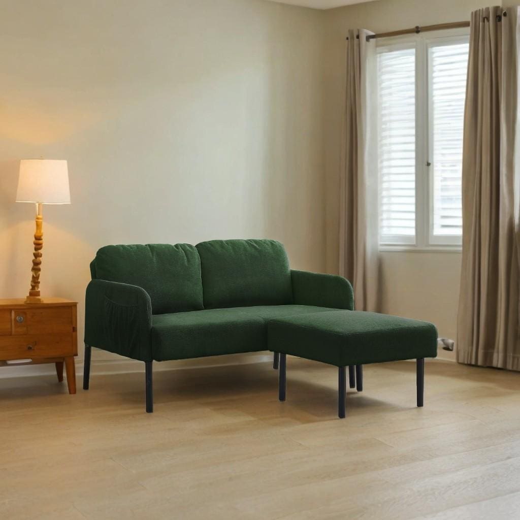 Divano a 2 posti a L con pouf, divano moderno in tessuto di poliestere, comodi divani piccoli per piccoli spazi