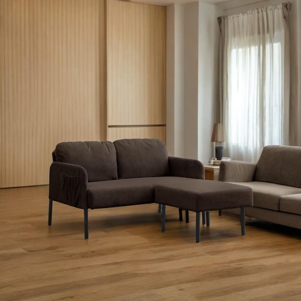 Divano a 2 posti a L con pouf, divano moderno in tessuto di poliestere, comodi divani piccoli per piccoli spazi