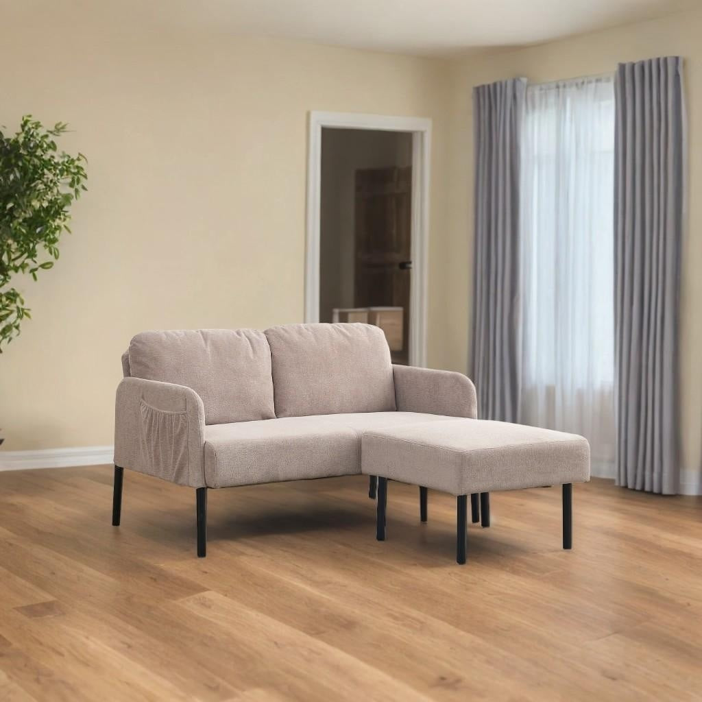 Divano a 2 posti a L con pouf, divano moderno in tessuto di poliestere, comodi divani piccoli per piccoli spazi