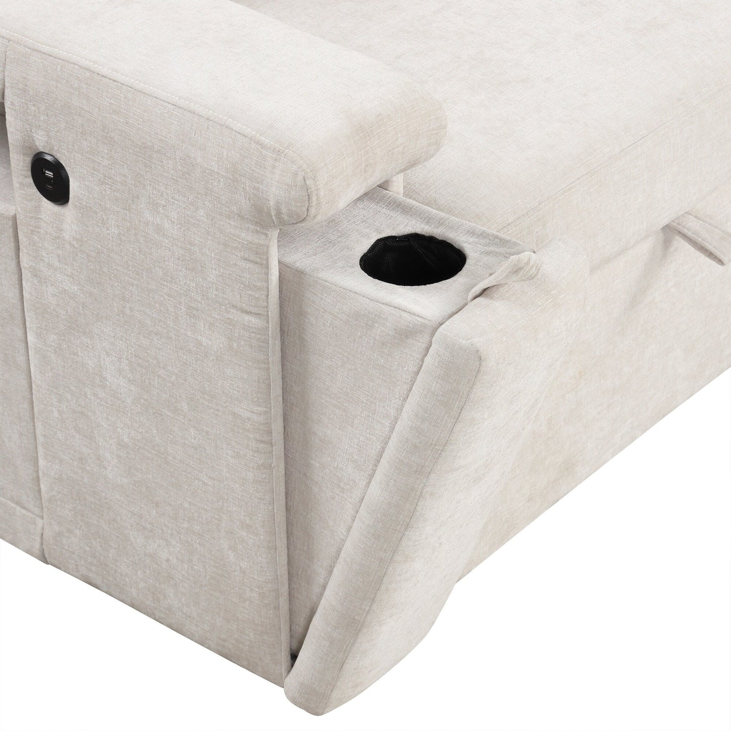 Divano componibile a L a 5 posti con pouf estraibile, portabicchieri integrati, porta di ricarica USB e cuscini rimovibili