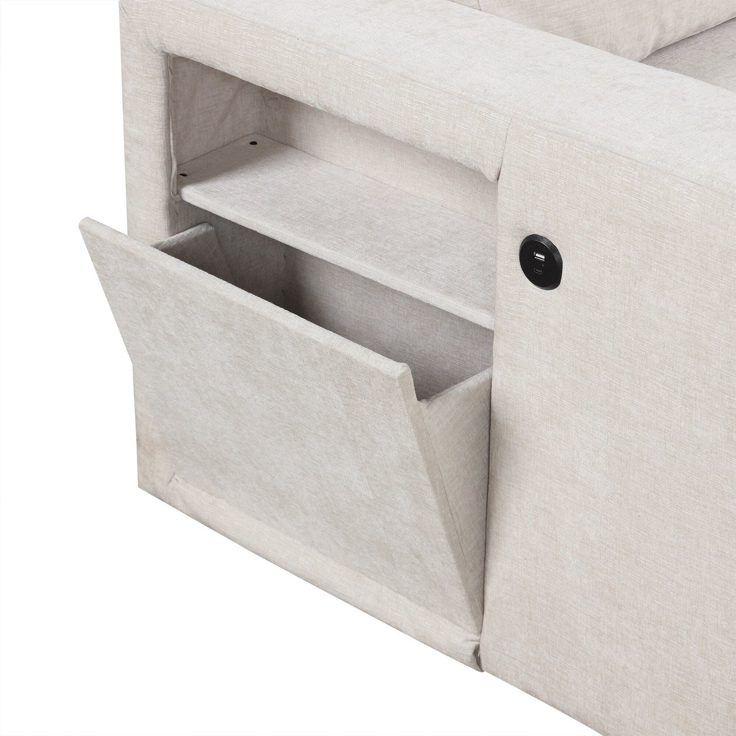 Divano componibile a L a 5 posti con pouf estraibile, portabicchieri integrati, porta di ricarica USB e cuscini rimovibili