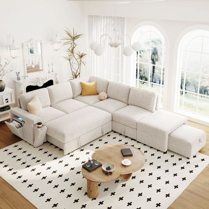 Divano componibile a L a 5 posti con pouf estraibile, portabicchieri integrati, porta di ricarica USB e cuscini rimovibili