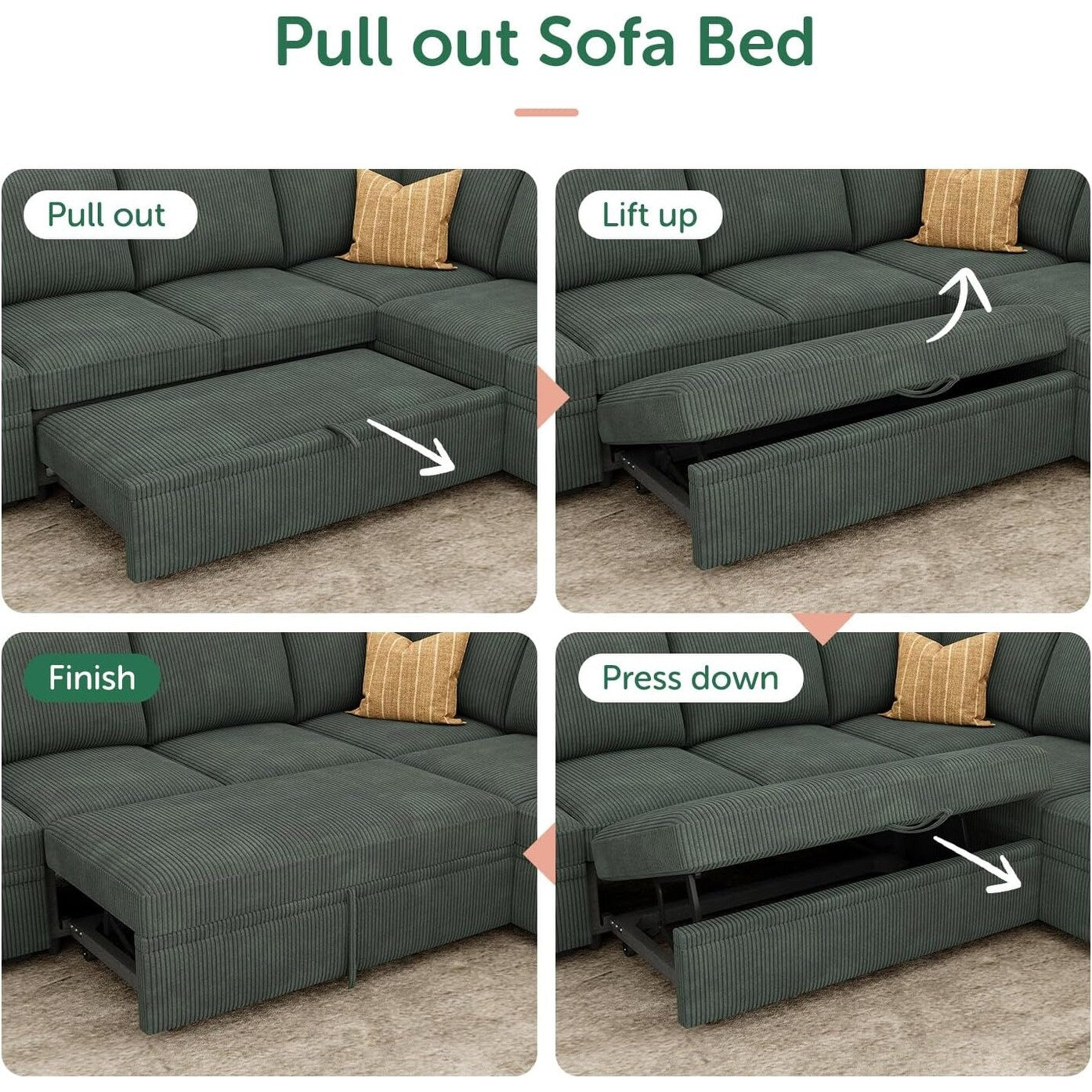 Divano letto componibile a L con letto estraibile - Divano modulare in velluto a coste con contenitore per soggiorno, verde