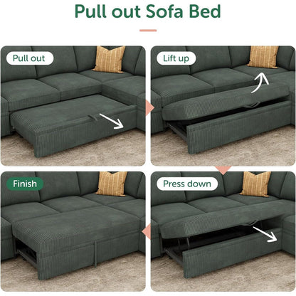 Divano letto componibile a L con letto estraibile - Divano modulare in velluto a coste con contenitore per soggiorno, verde