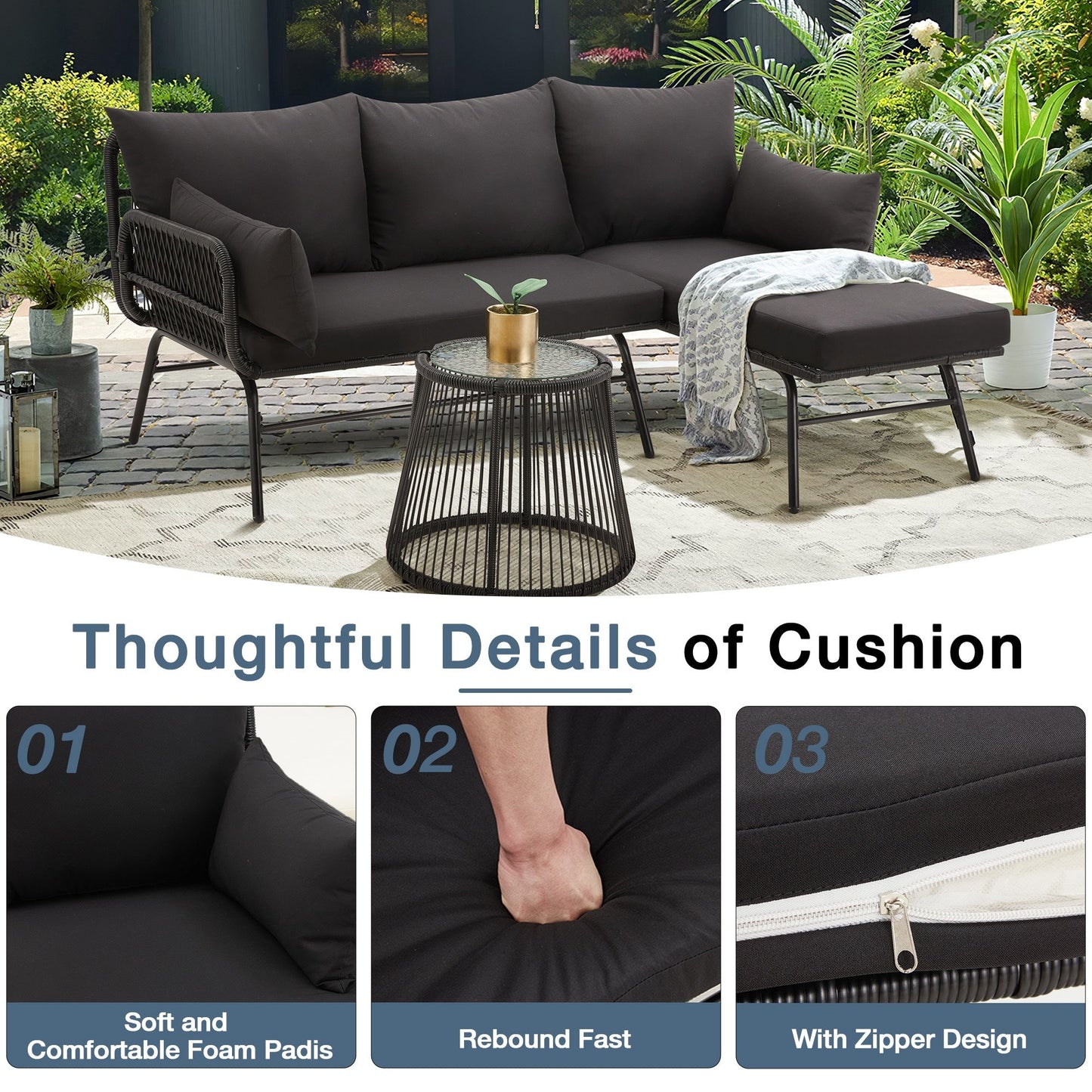 Set di divani componibili in vimini per conversazioni, set di mobili da giardino da 3 pezzi con cuscini spessi e tavolino da caffè in vetro temperato