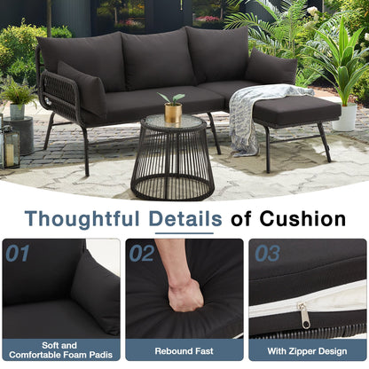 Set di divani componibili in vimini per conversazioni, set di mobili da giardino da 3 pezzi con cuscini spessi e tavolino da caffè in vetro temperato