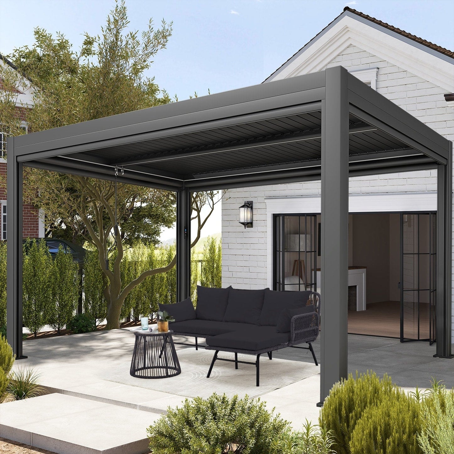 Set di divani componibili in vimini per conversazioni, set di mobili da giardino da 3 pezzi con cuscini spessi e tavolino da caffè in vetro temperato