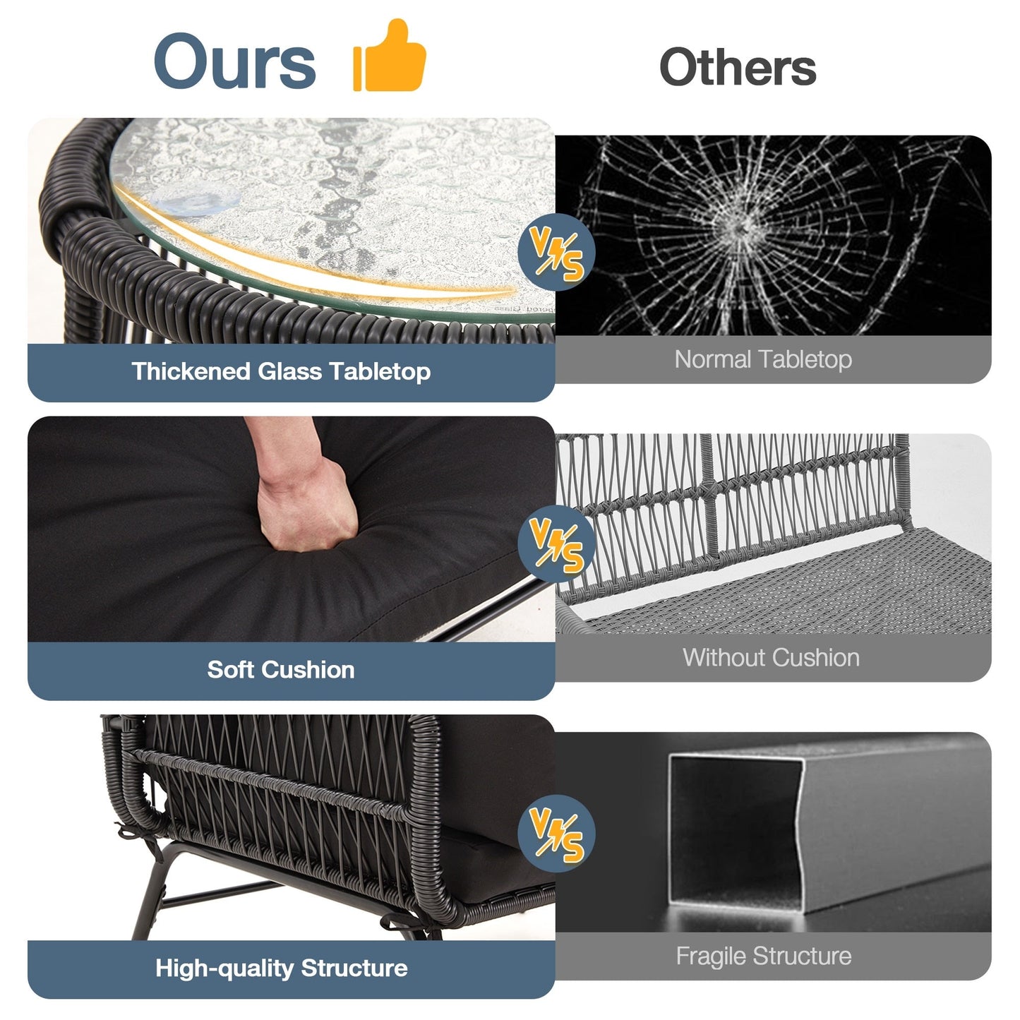 Set di divani componibili in vimini per conversazioni, set di mobili da giardino da 3 pezzi con cuscini spessi e tavolino da caffè in vetro temperato