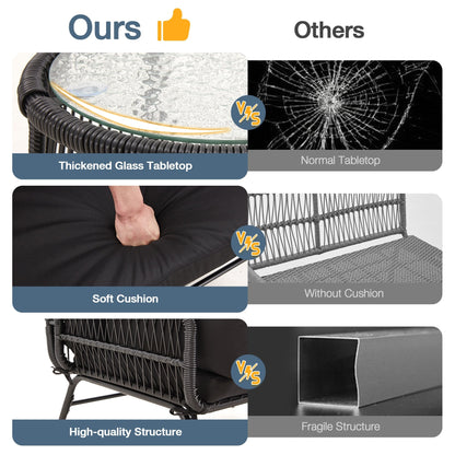 Set di divani componibili in vimini per conversazioni, set di mobili da giardino da 3 pezzi con cuscini spessi e tavolino da caffè in vetro temperato