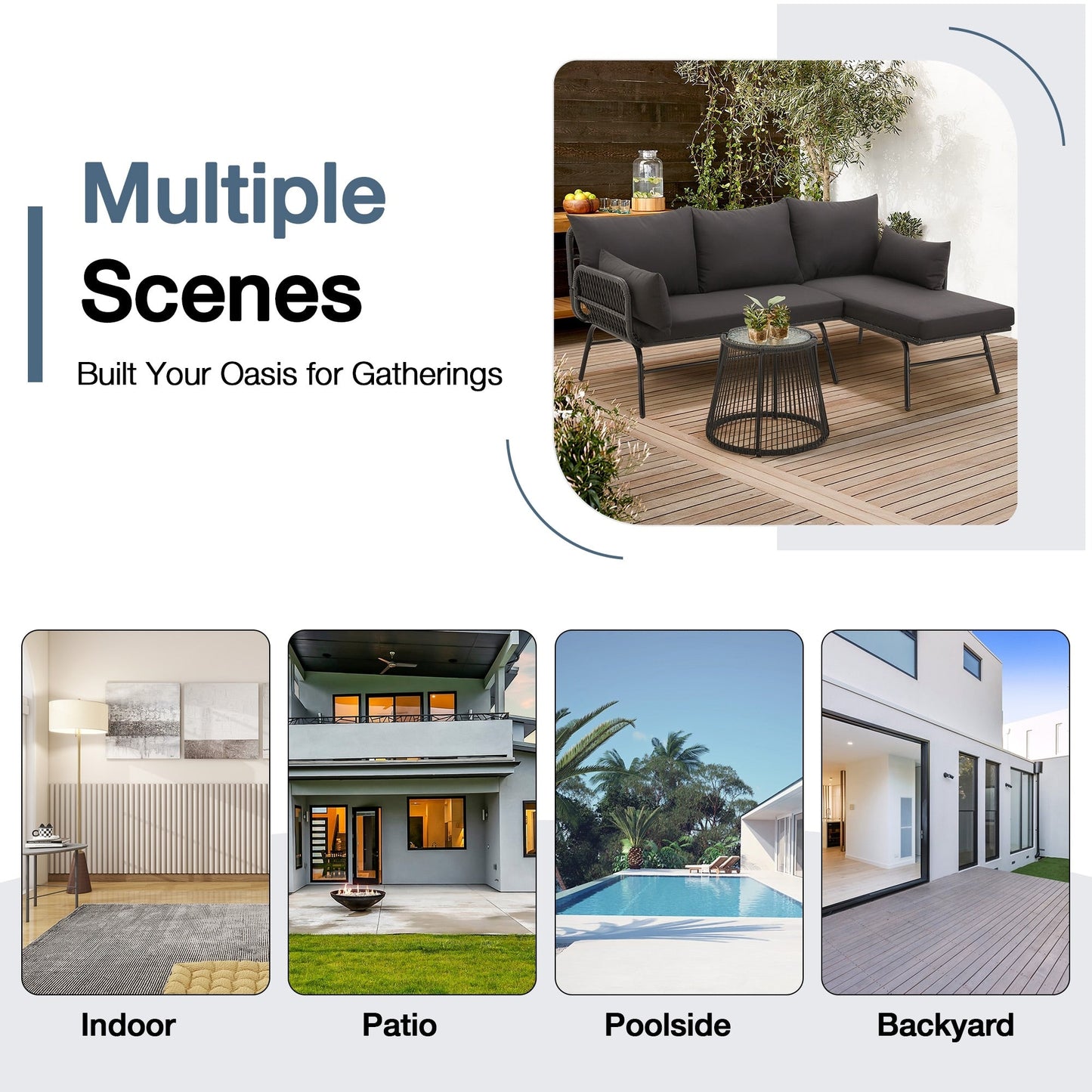 Set di divani componibili in vimini per conversazioni, set di mobili da giardino da 3 pezzi con cuscini spessi e tavolino da caffè in vetro temperato