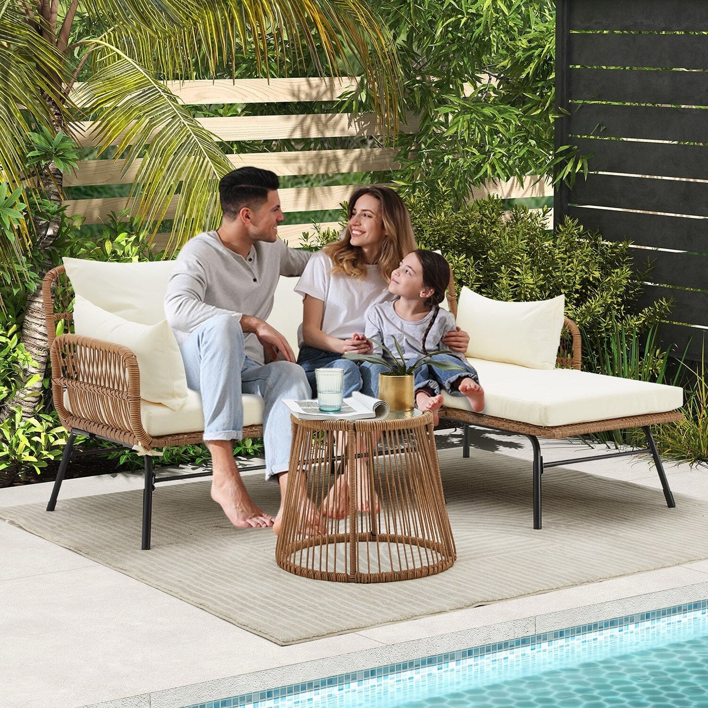 Set di divani componibili in vimini per conversazioni, set di mobili da giardino da 3 pezzi con cuscini spessi e tavolino da caffè in vetro temperato