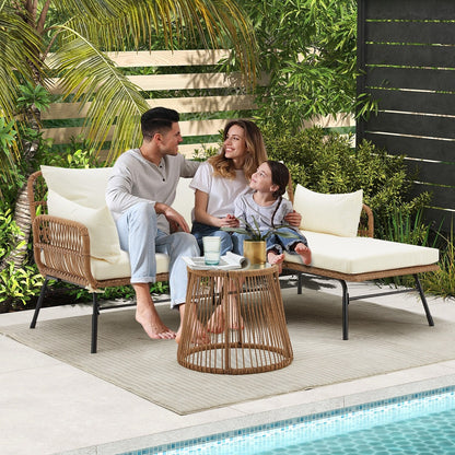 Set di divani componibili in vimini per conversazioni, set di mobili da giardino da 3 pezzi con cuscini spessi e tavolino da caffè in vetro temperato