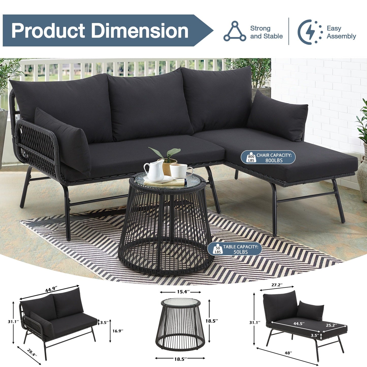 Set di divani componibili in vimini per conversazioni, set di mobili da giardino da 3 pezzi con cuscini spessi e tavolino da caffè in vetro temperato