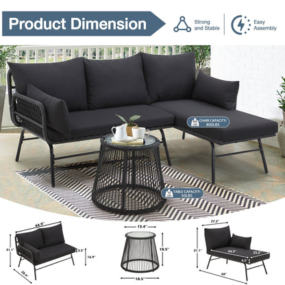 Set di divani componibili in vimini per conversazioni, set di mobili da giardino da 3 pezzi con cuscini spessi e tavolino da caffè in vetro temperato