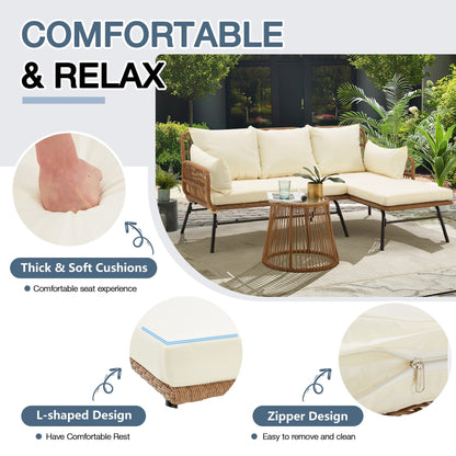 Set di divani componibili in vimini per conversazioni, set di mobili da giardino da 3 pezzi con cuscini spessi e tavolino da caffè in vetro temperato