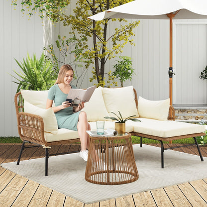 Set di divani componibili in vimini per conversazioni, set di mobili da giardino da 3 pezzi con cuscini spessi e tavolino da caffè in vetro temperato