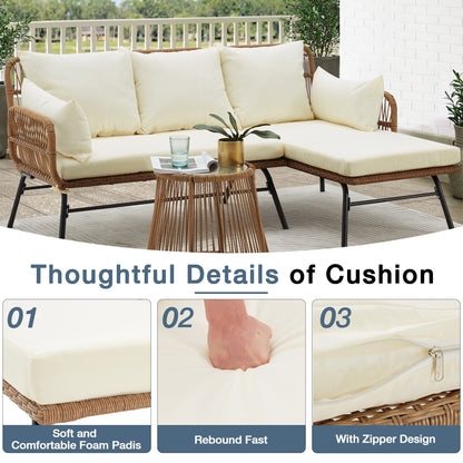 Set di divani componibili in vimini per conversazioni, set di mobili da giardino da 3 pezzi con cuscini spessi e tavolino da caffè in vetro temperato