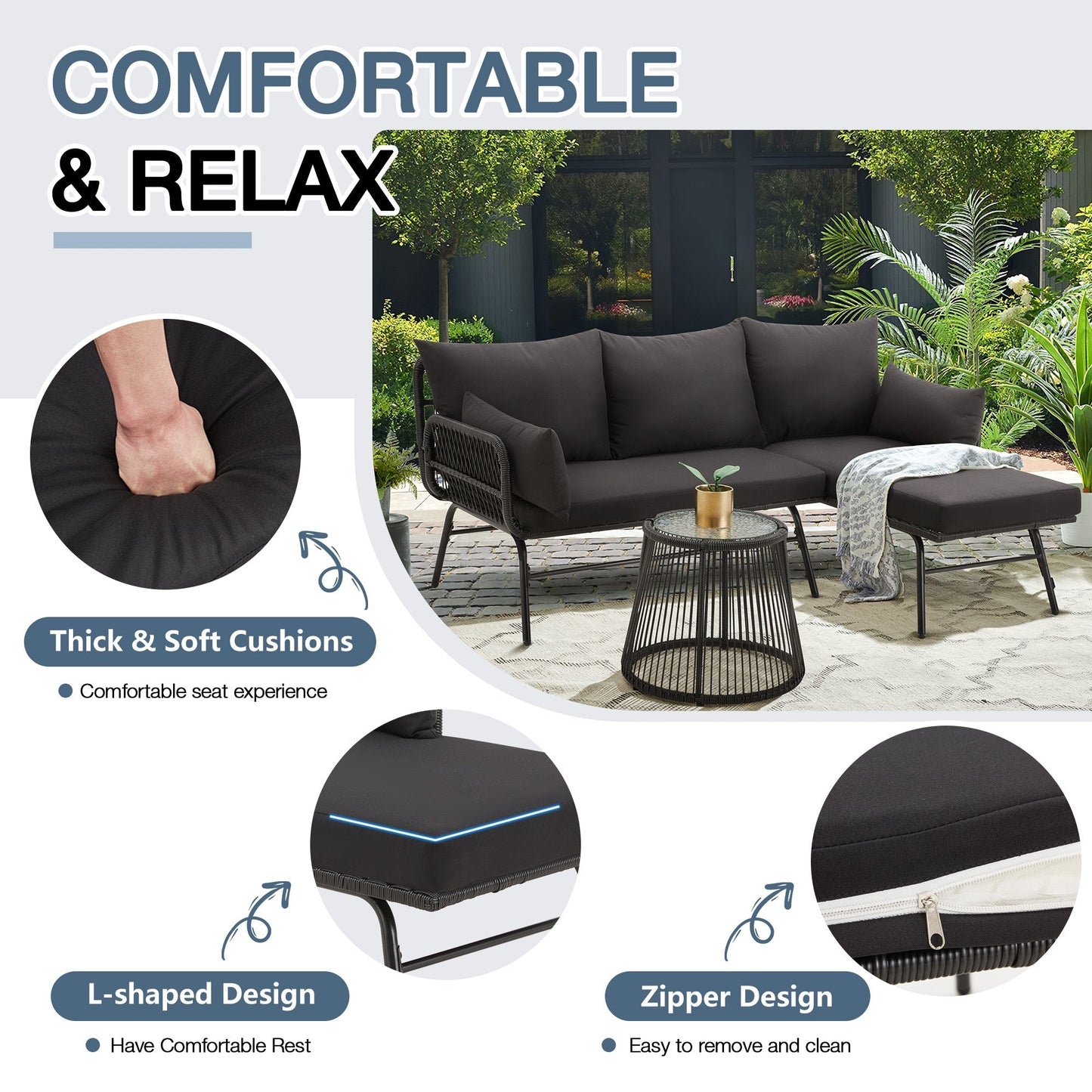 Set di divani componibili in vimini per conversazioni, set di mobili da giardino da 3 pezzi con cuscini spessi e tavolino da caffè in vetro temperato